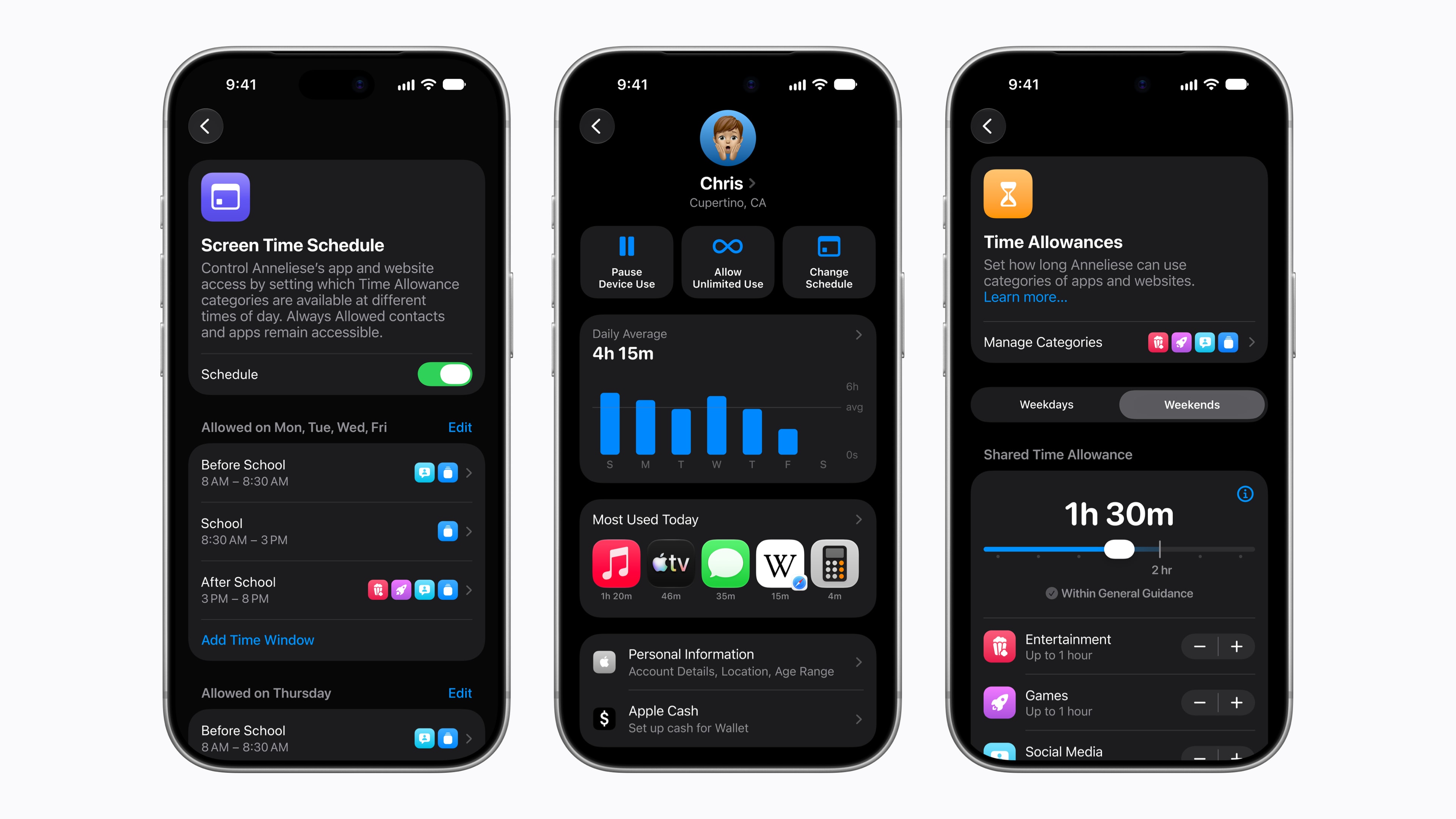 Imagen oficial de Apple con tres iPhone que muestran controles de Tiempo en pantalla y Compartir en familia