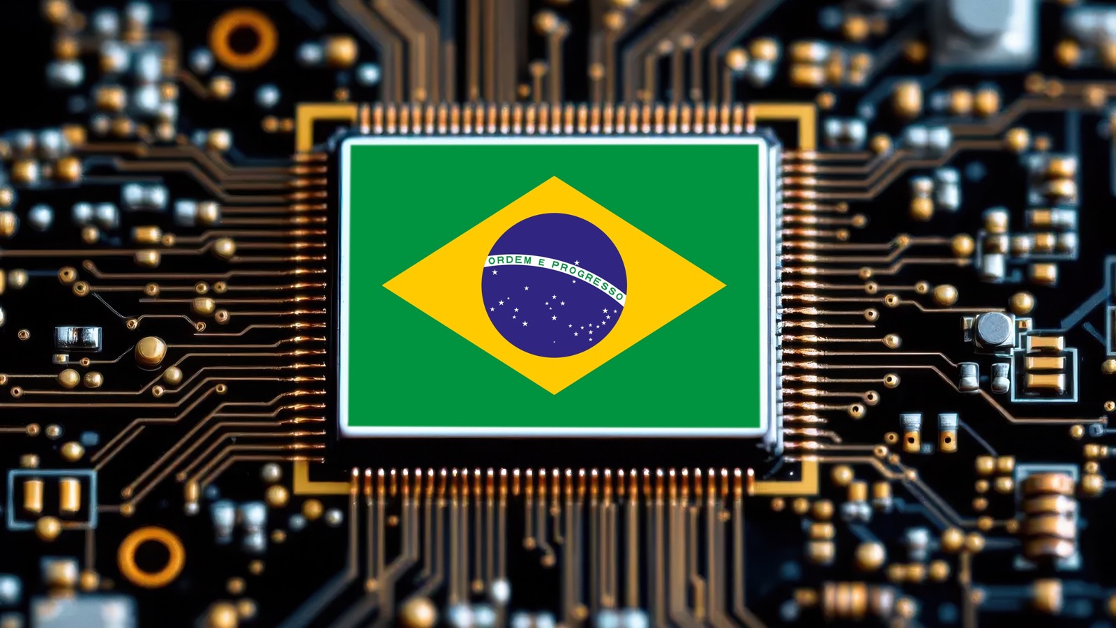 Bandera de Brasil integrada en un chip sobre una placa de circuitos